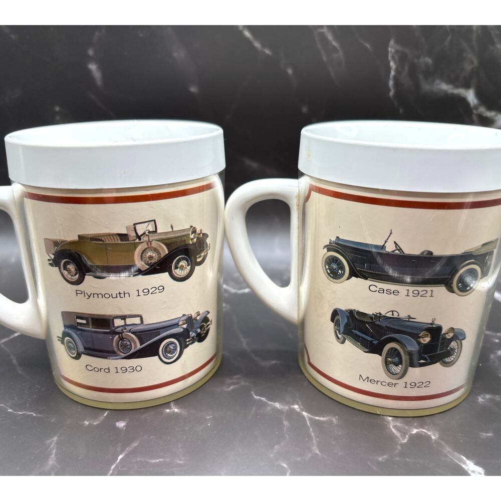 Vintage Thermo Serv Automobile Car Insulated Melamine Coffee Mugs Set of Two